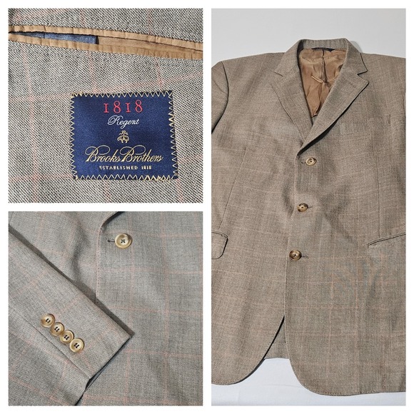 Brooks Brothers Regent Beige Tan plaid wool silk linen blazer jacket 46R VTG USA
